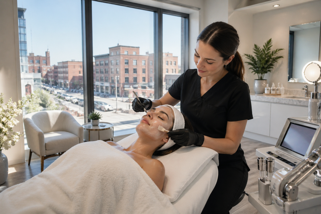 Facial treatment at a modern med spa near Downtown Saginaw with client receiving professional skincare service
