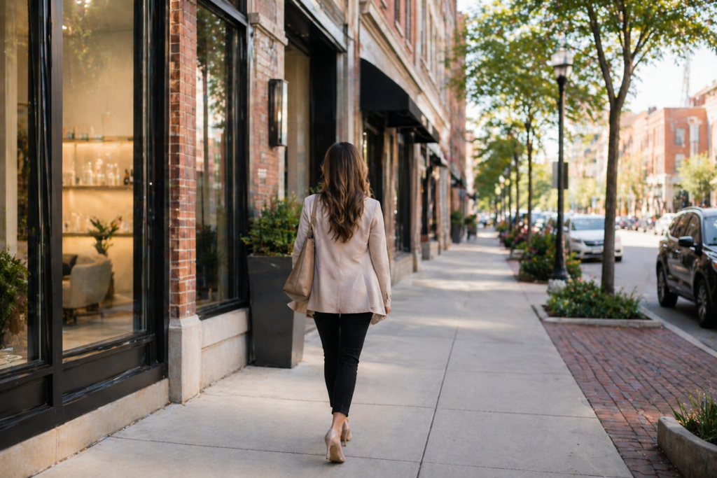 Client walking to a med spa in Downtown Saginaw for aesthetic treatment