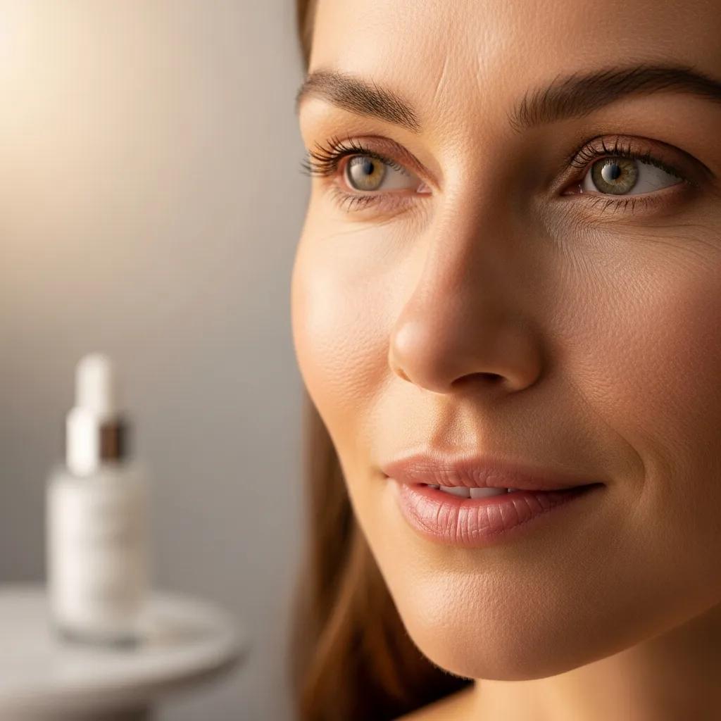 Woman's rejuvenated skin texture after microneedling treatment and collagen stimulation.
