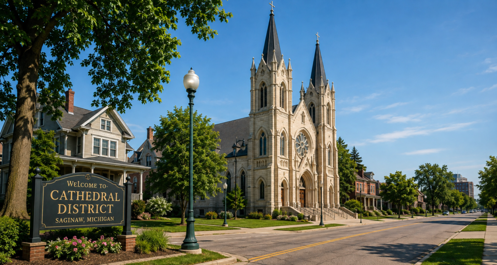 Cathedral District Saginaw, Michigan, street scene and historic architecture.