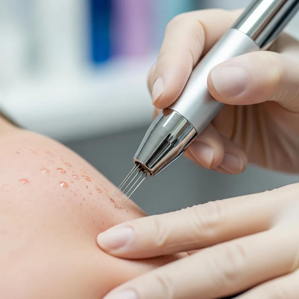 Microneedling treatment in progress, practitioner using device to stimulate collagen and improve skin texture.